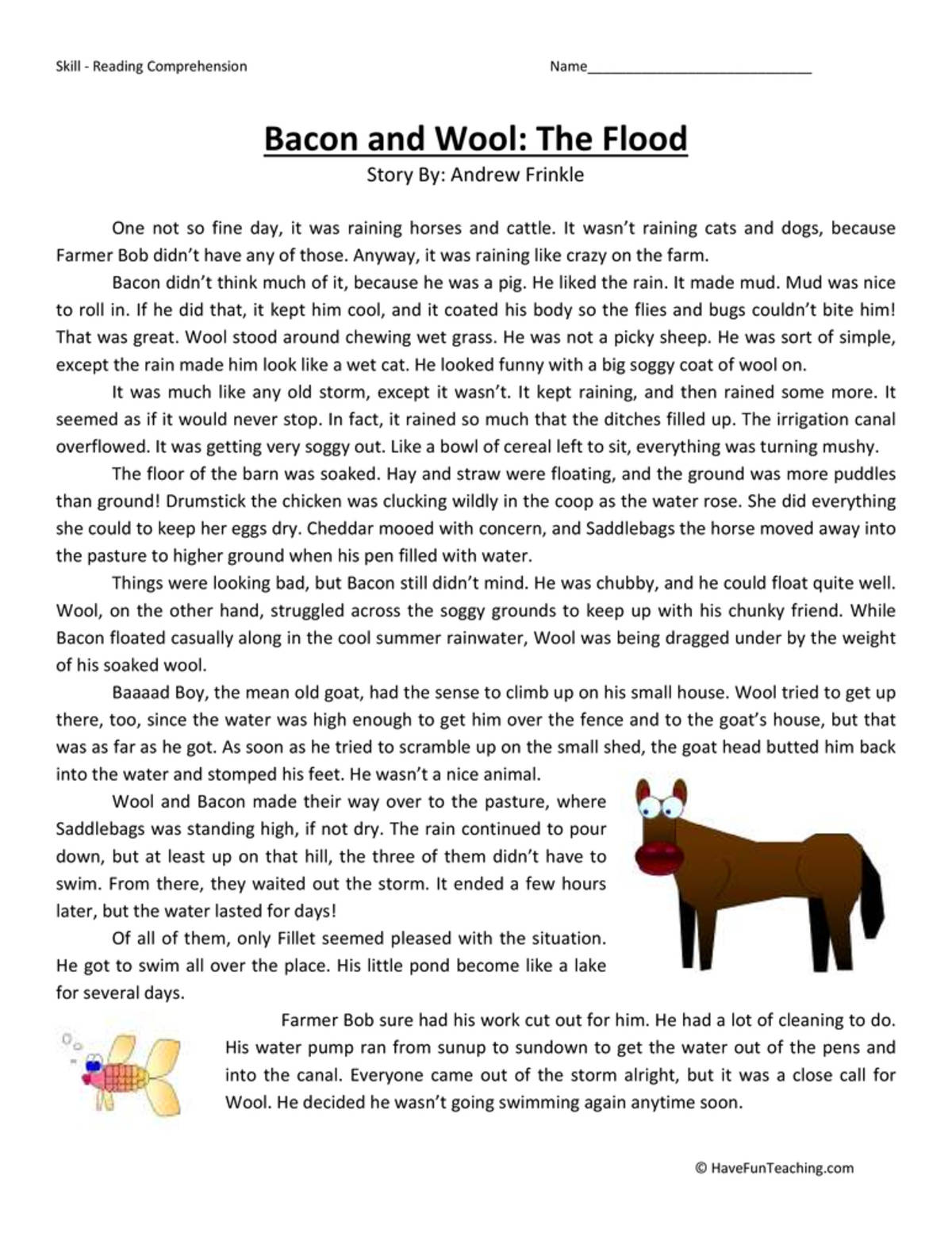 An educational teaching resource from Have Fun Teaching entitled Bacon and Wool: The Flood - Reading Comprehension Worksheet downloadable at Teach Simple.