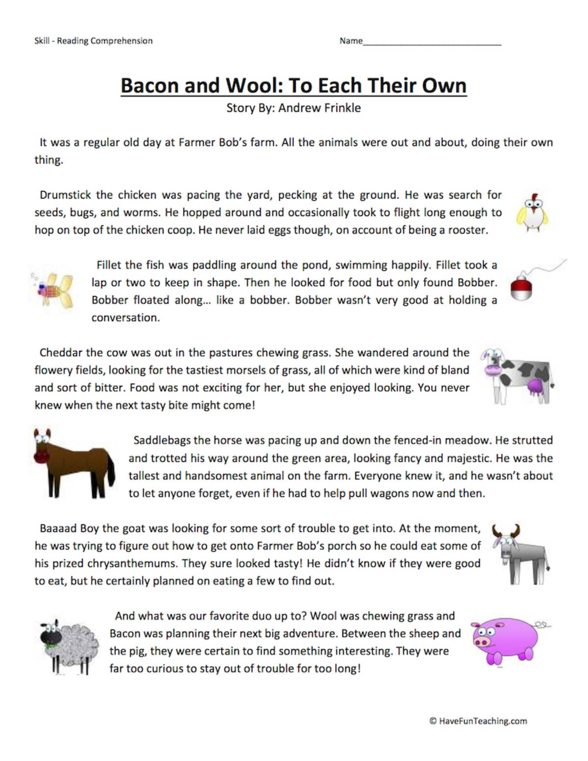 An educational teaching resource from Have Fun Teaching entitled Bacon and Wool: To Each Their Own - Reading Comprehension Worksheet downloadable at Teach Simple.