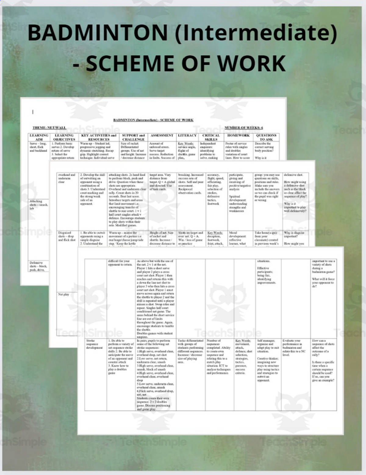 An educational teaching resource from The PE Tutor entitled BADMINTON (Intermediate) - SCHEME OF WORK downloadable at Teach Simple.