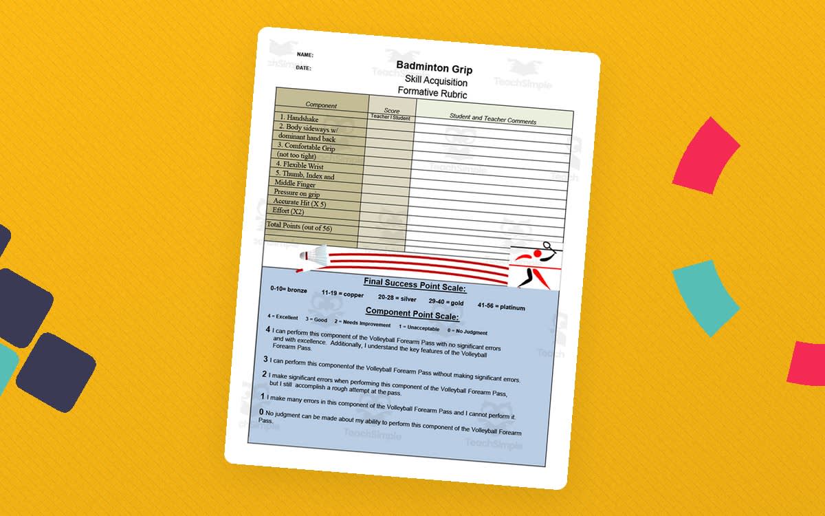 An educational teaching resource from Gems from the Gym entitled Badminton Rubrics downloadable at Teach Simple.
