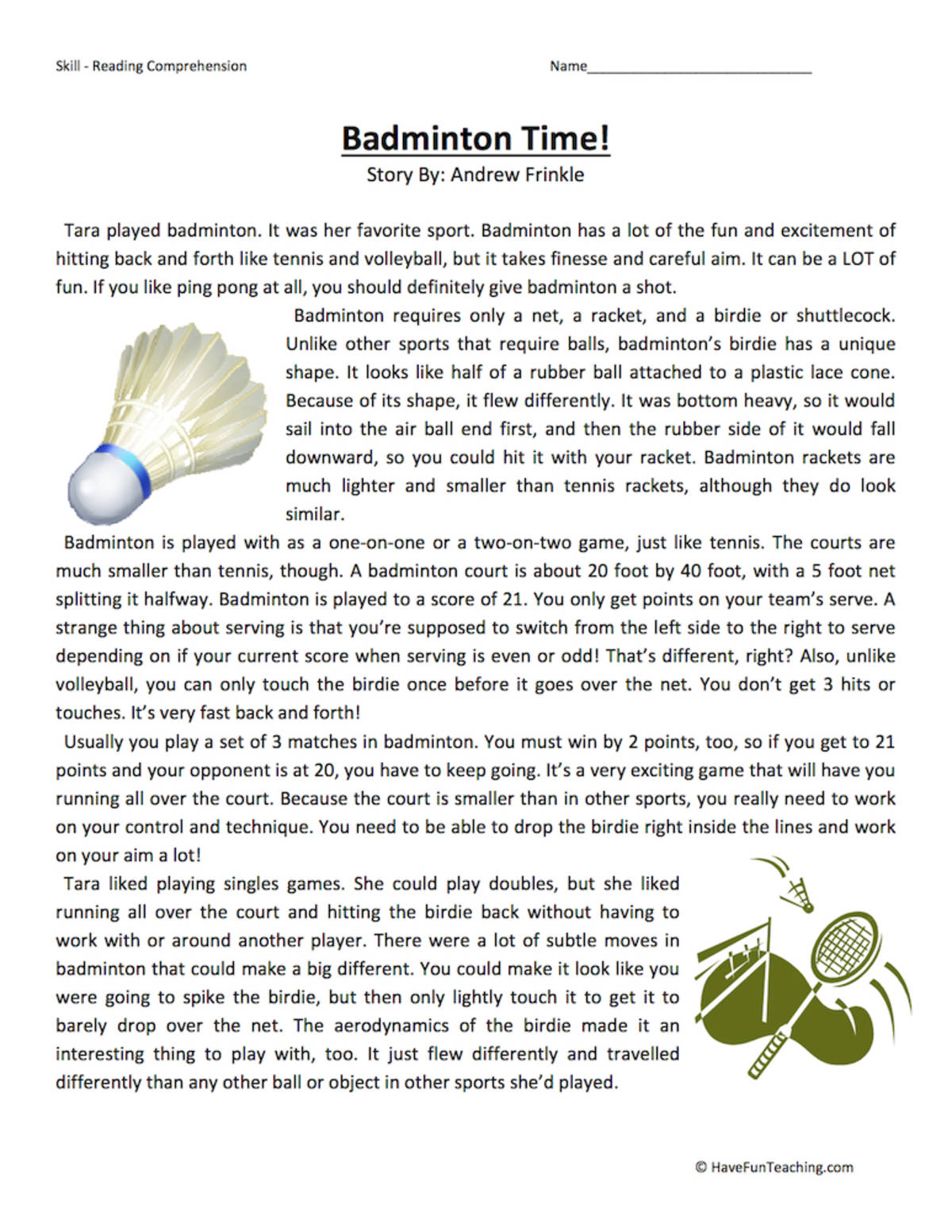 An educational teaching resource from Have Fun Teaching entitled Badminton Time Reading Comprehension Worksheet downloadable at Teach Simple.