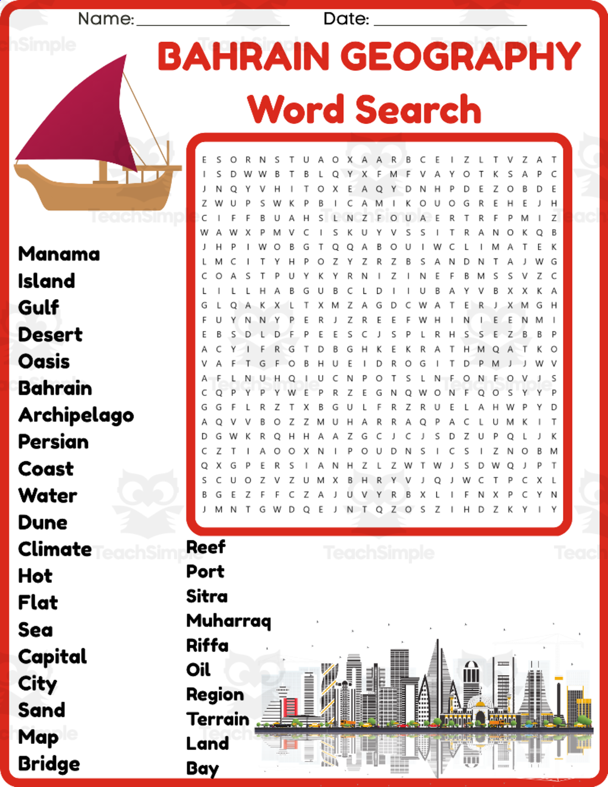 An educational teaching resource from space shope entitled BAHRAIN GEOGRAPHY Word Search Puzzle Worksheet Activity downloadable at Teach Simple.
