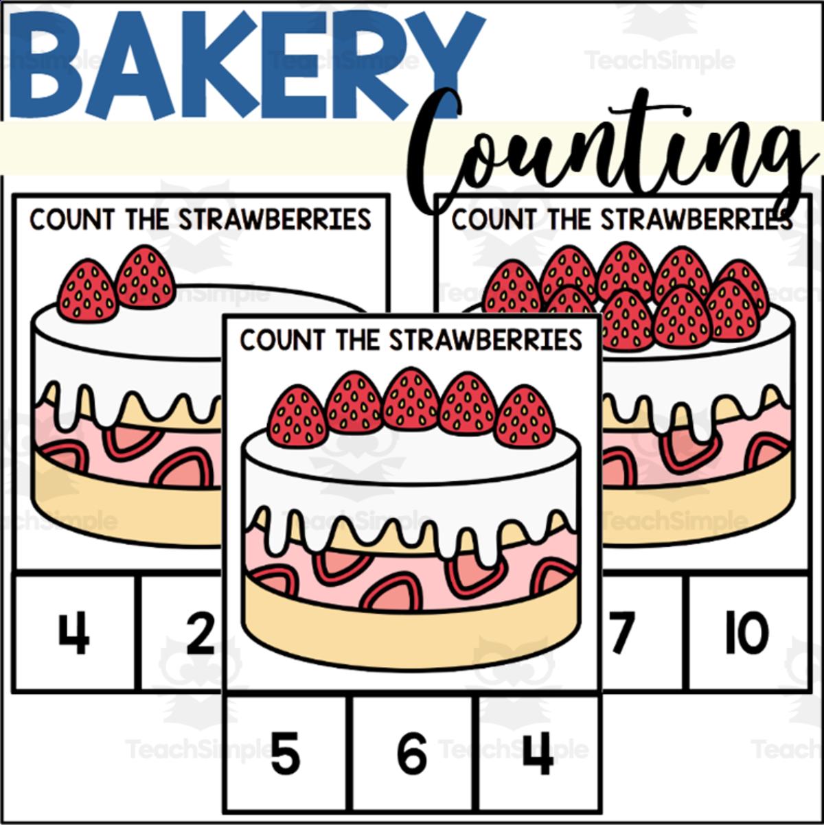 An educational teaching resource from The Connett Connection entitled Bakery Counting to 10 Clip Cards with Cake downloadable at Teach Simple.
