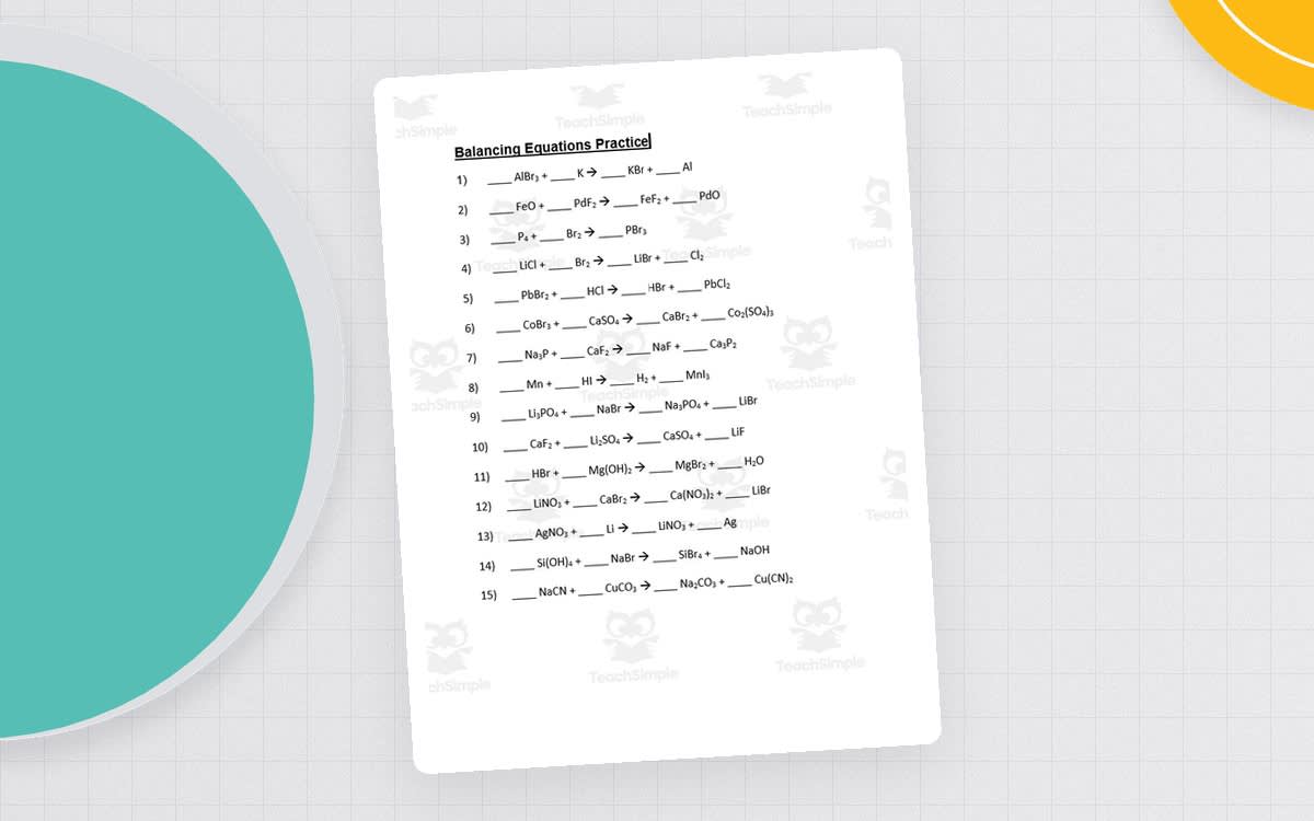 An educational teaching resource from Schrim's Chem entitled Balancing Equations Practice – 35 Chemistry Problems downloadable at Teach Simple.