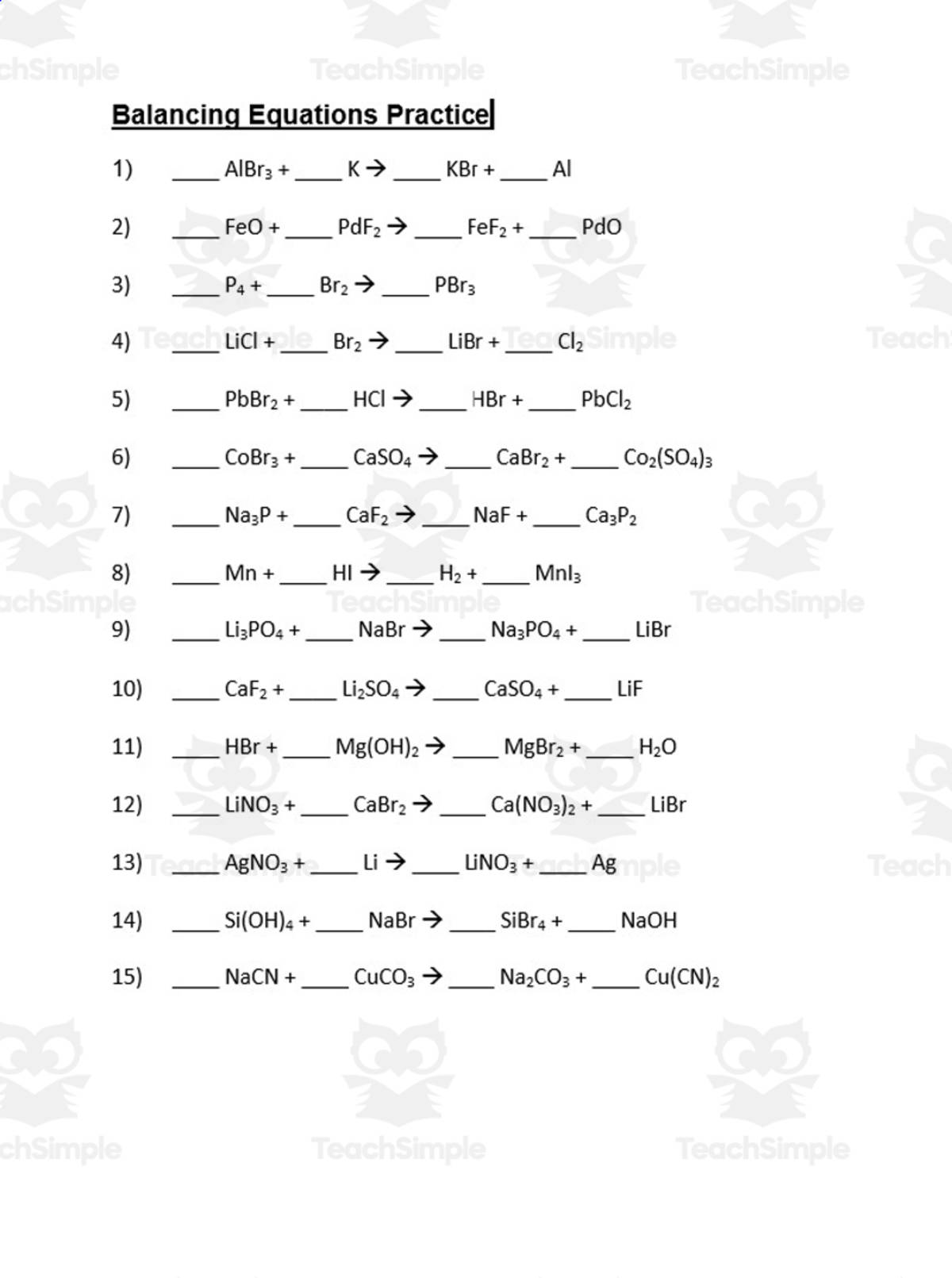 An educational teaching resource from Schrim's Chem entitled Balancing Equations Practice – 35 Chemistry Problems downloadable at Teach Simple.