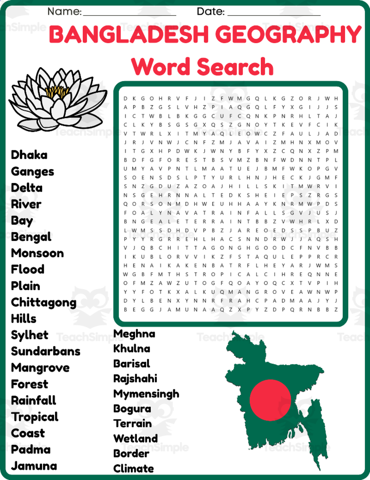 An educational teaching resource from space shope entitled BANGLADESH GEOGRAPHY Word Search Puzzle Worksheet Activity downloadable at Teach Simple.