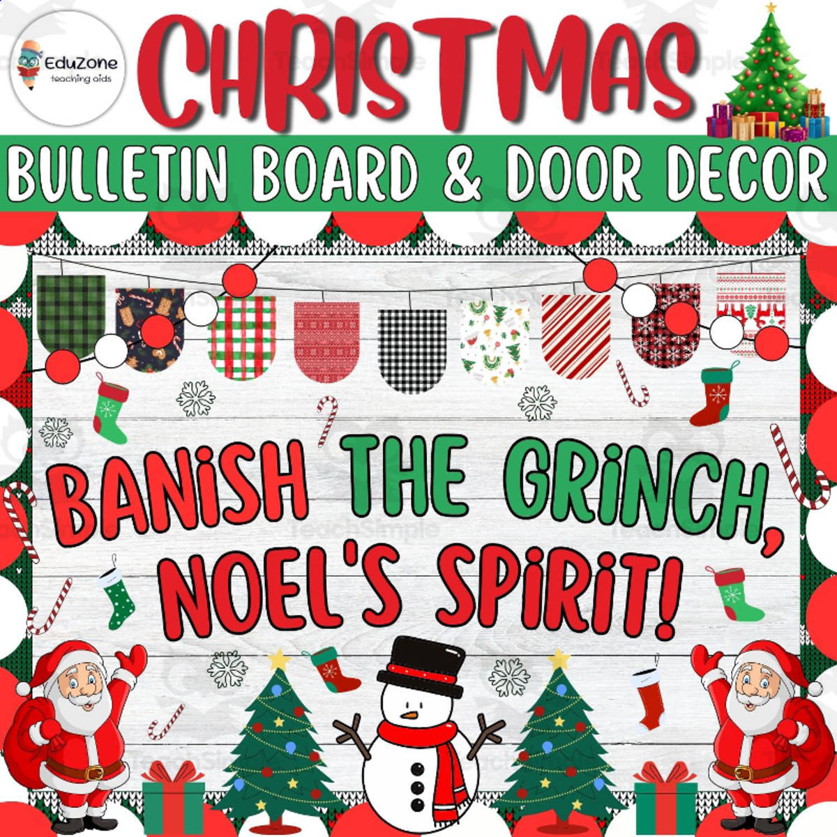 An educational teaching resource from Style Your Classroom entitled Banish the Grinch: Christmas Bulletin Board & Door Decor kit downloadable at Teach Simple.