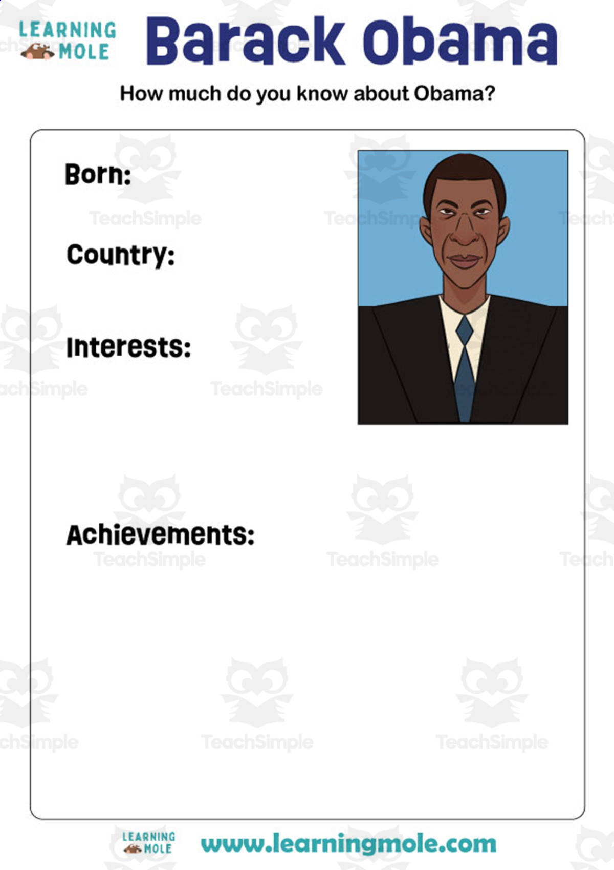 An educational teaching resource from Educational Voice entitled Barack Obama Activity downloadable at Teach Simple.