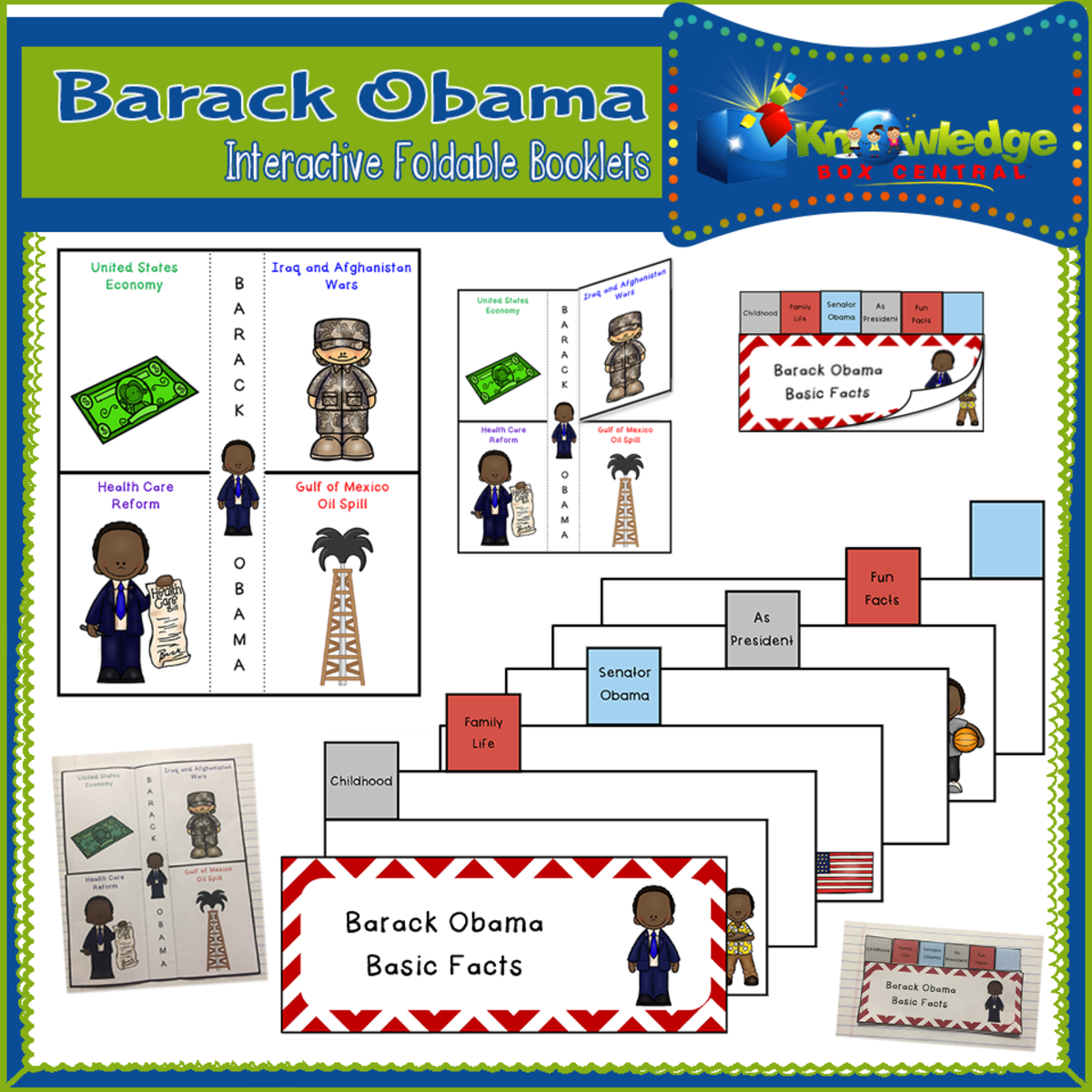 An educational teaching resource from Knowledge Box Central entitled Barack Obama Interactive Foldable Booklets – EBOOK downloadable at Teach Simple.