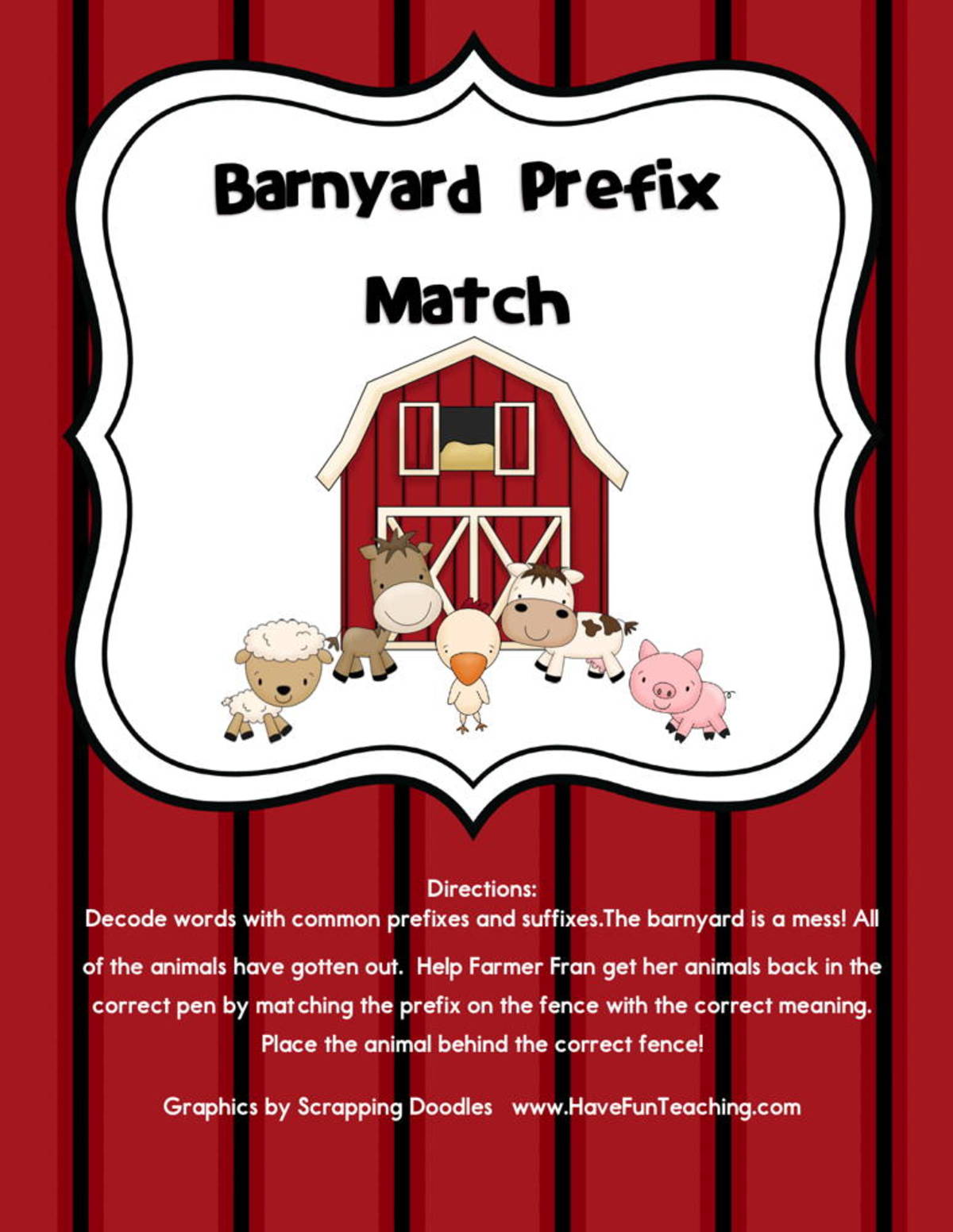 An educational teaching resource from Have Fun Teaching entitled Barnyard Prefix Matching Activity downloadable at Teach Simple.