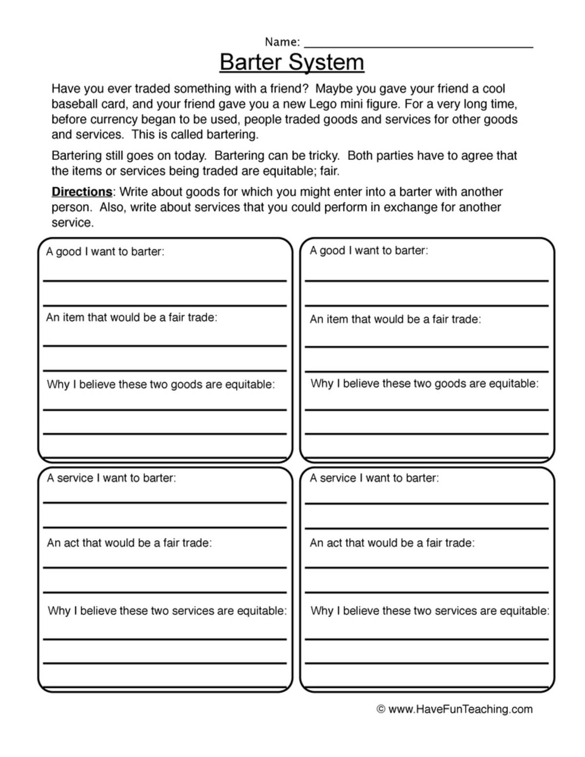 An educational teaching resource from Have Fun Teaching entitled Barter System Worksheet downloadable at Teach Simple.