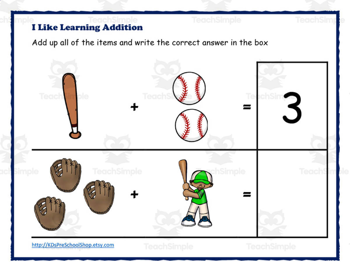 An educational teaching resource from KD's Kids School Shop entitled Baseball Addition Worksheet downloadable at Teach Simple.