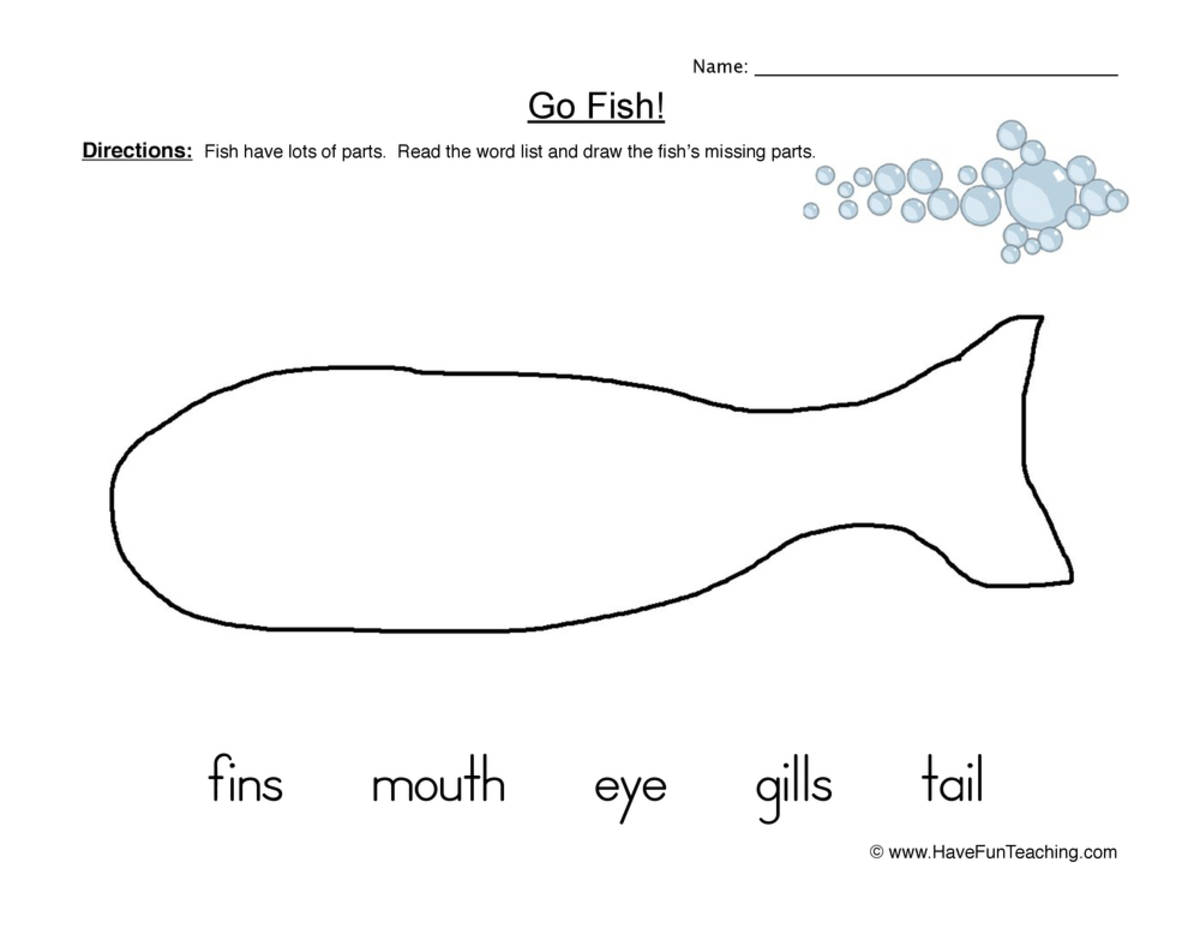 An educational teaching resource from Have Fun Teaching entitled Basic Fish Parts Worksheet downloadable at Teach Simple.