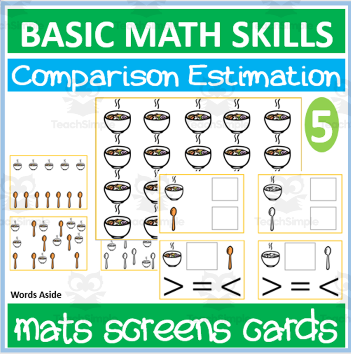 An educational teaching resource from WORDS ASIDE entitled Basic Math Skills | Counting Estimation Comparison 5 downloadable at Teach Simple.