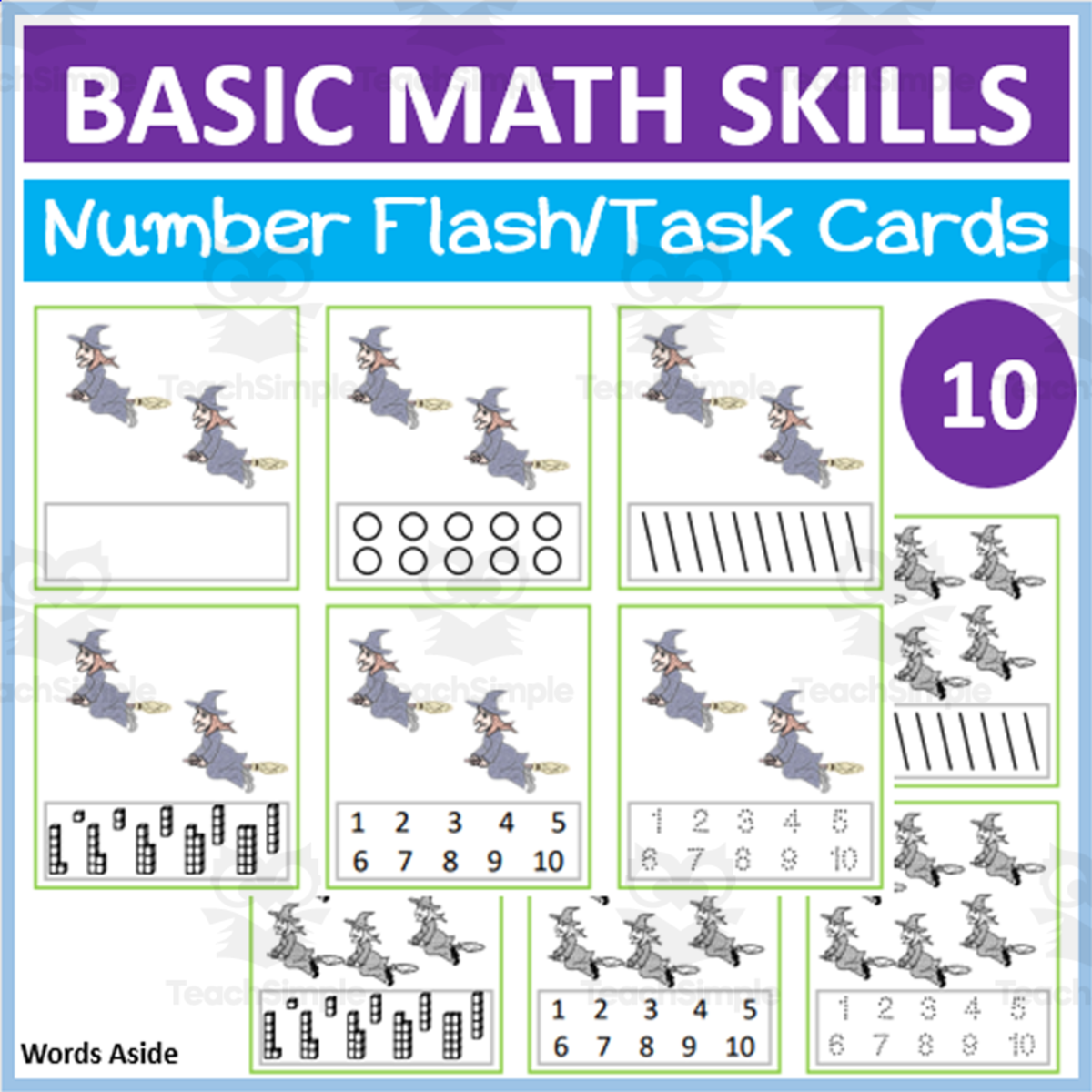 An educational teaching resource from WORDS ASIDE entitled Basic Math Skills | Number Flash Task Cards 10 downloadable at Teach Simple.