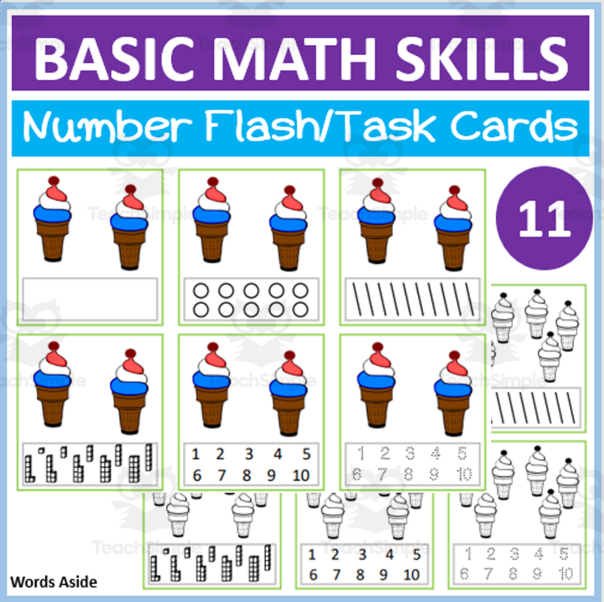 An educational teaching resource from WORDS ASIDE entitled Basic Math Skills | Number Flash Task Cards 11 downloadable at Teach Simple.