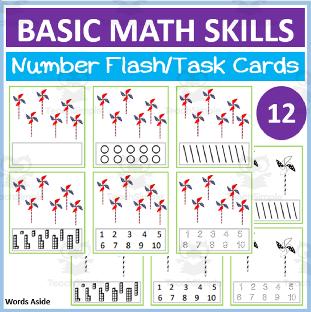 An educational teaching resource from WORDS ASIDE entitled Basic Math Skills | Number Flash Task Cards 12 downloadable at Teach Simple.