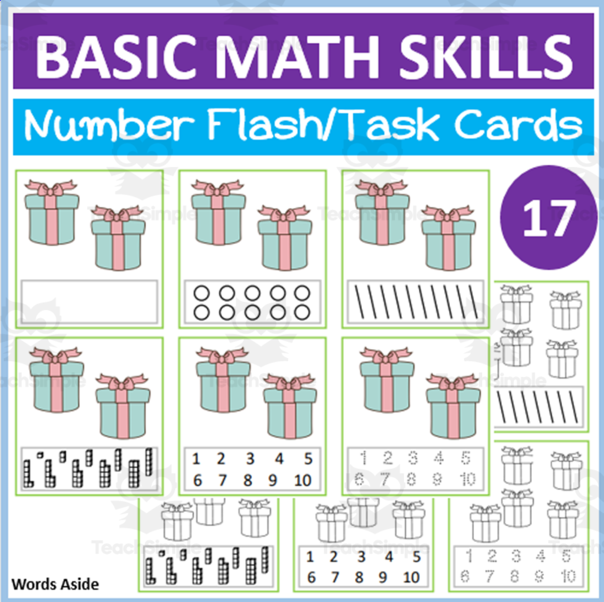 An educational teaching resource from WORDS ASIDE entitled Basic Math Skills | Number Flash Task Cards 17 downloadable at Teach Simple.