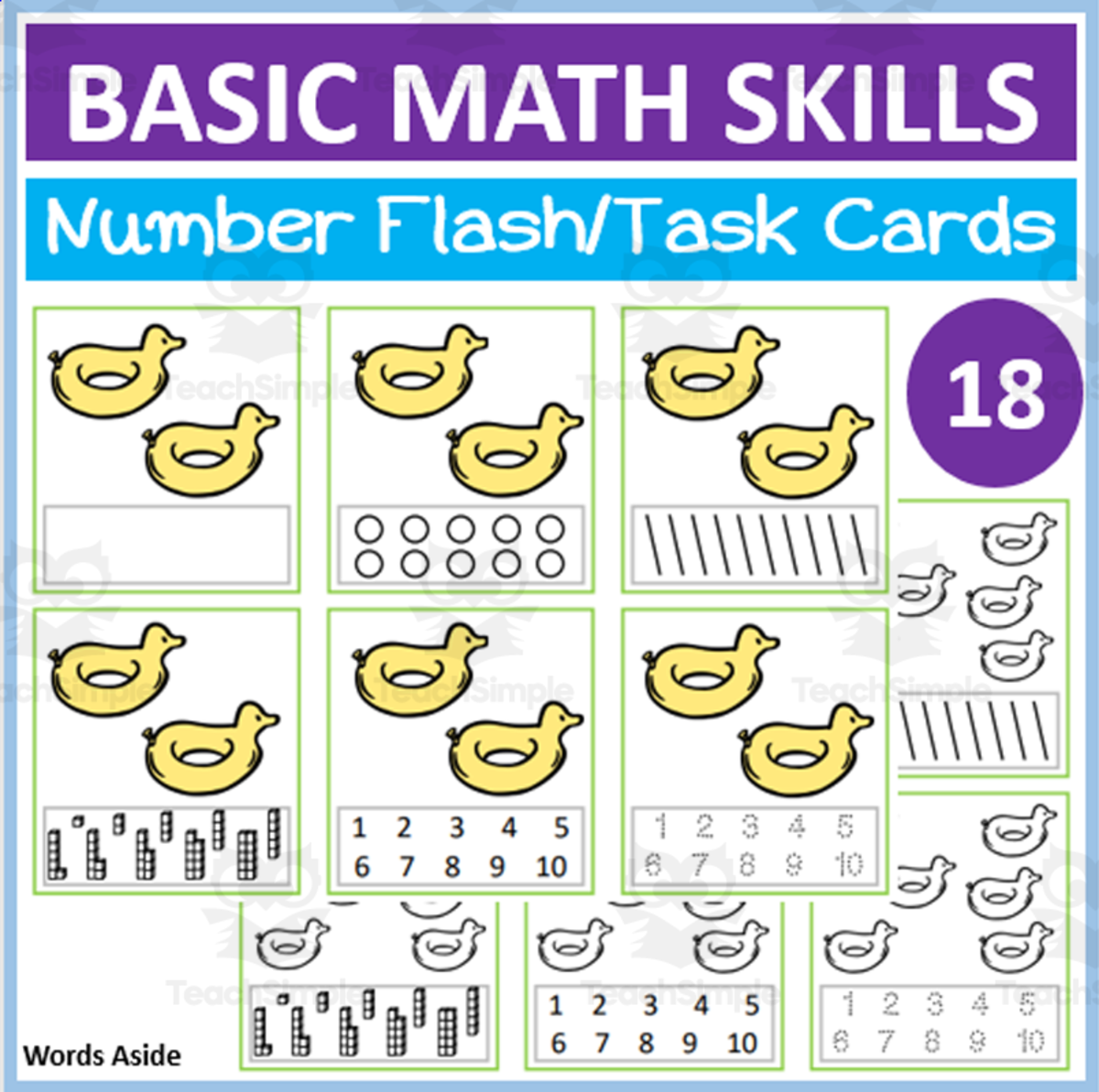 An educational teaching resource from WORDS ASIDE entitled Basic Math Skills | Number Flash Task Cards 18 downloadable at Teach Simple.
