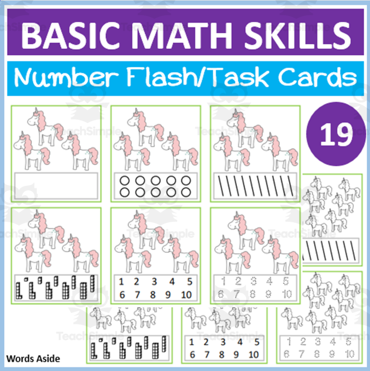 An educational teaching resource from WORDS ASIDE entitled Basic Math Skills | Number Flash Task Cards 19 downloadable at Teach Simple.