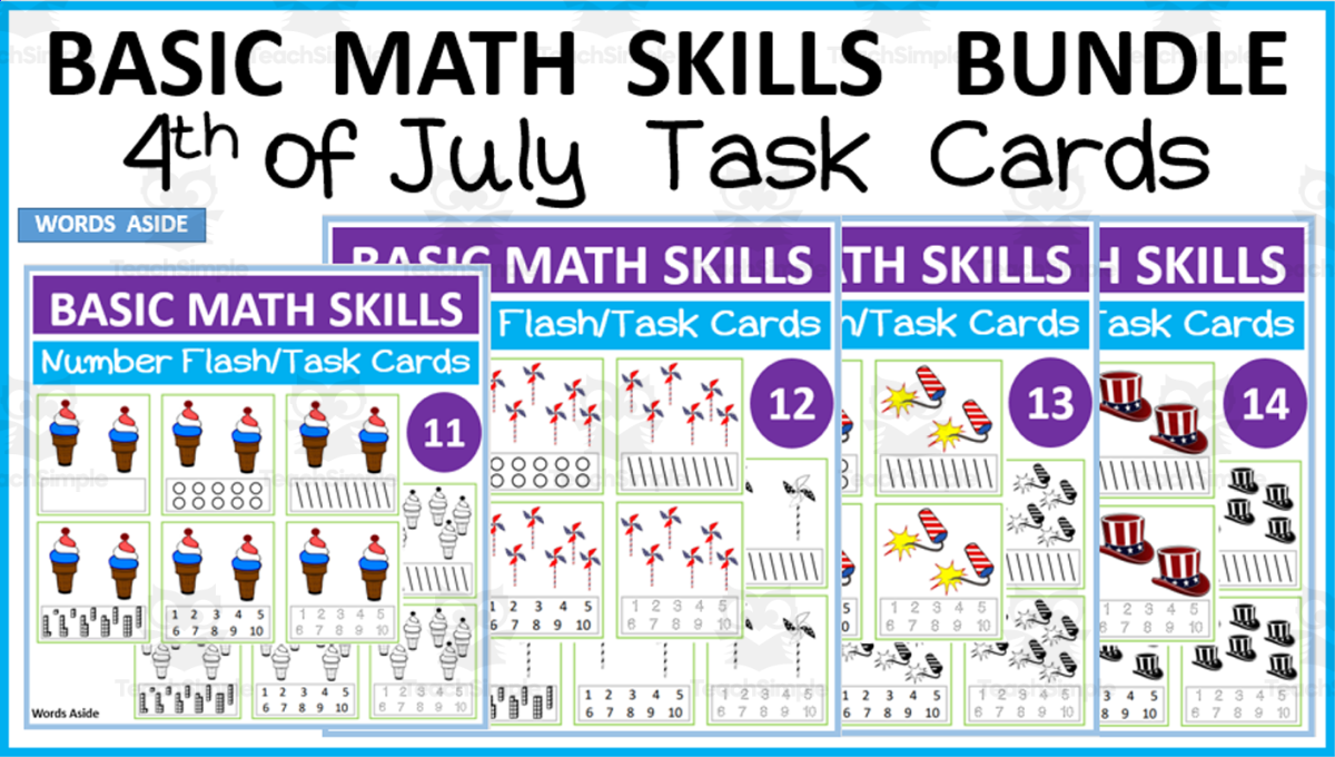 An educational teaching resource from WORDS ASIDE entitled Basic Math Skills | Number Flash Task Cards 4th of July downloadable at Teach Simple.