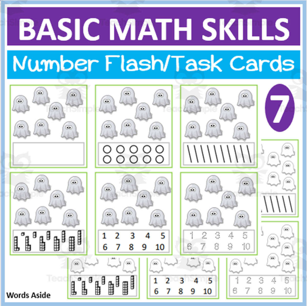 An educational teaching resource from WORDS ASIDE entitled Basic Math Skills | Number Flash Task Cards 7 downloadable at Teach Simple.