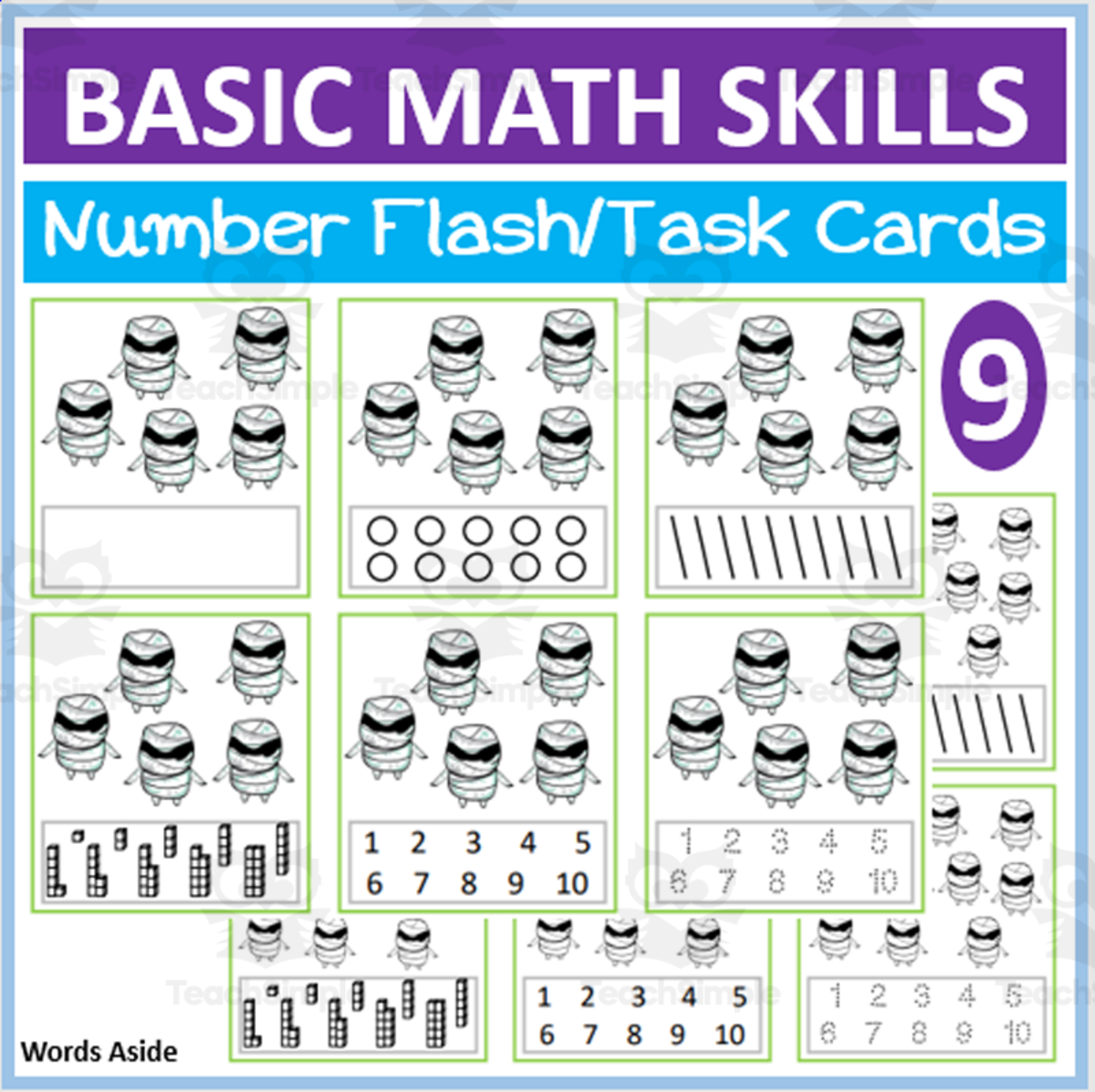 An educational teaching resource from WORDS ASIDE entitled Basic Math Skills | Number Flash Task Cards 9 downloadable at Teach Simple.