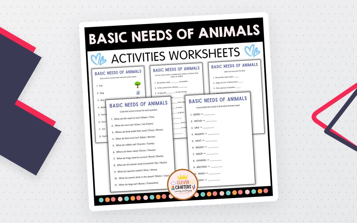 An educational teaching resource from Clever Crafters entitled Basic Needs of Animals Worksheets - Taking Care of Animals Activities downloadable at Teach Simple.