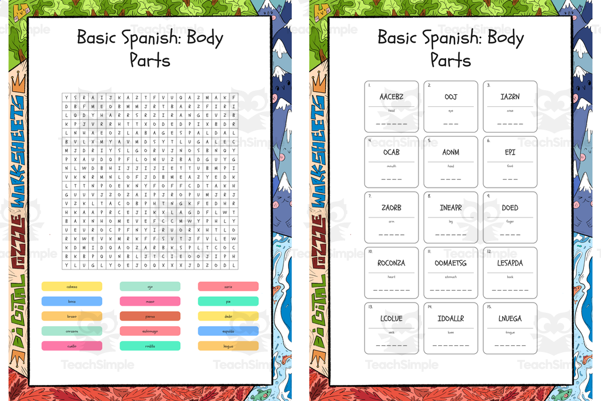 An educational teaching resource from Lapiiin Art Activities entitled Basic Spanish Body Parts word search, scramble and crossword puzzle downloadable at Teach Simple.