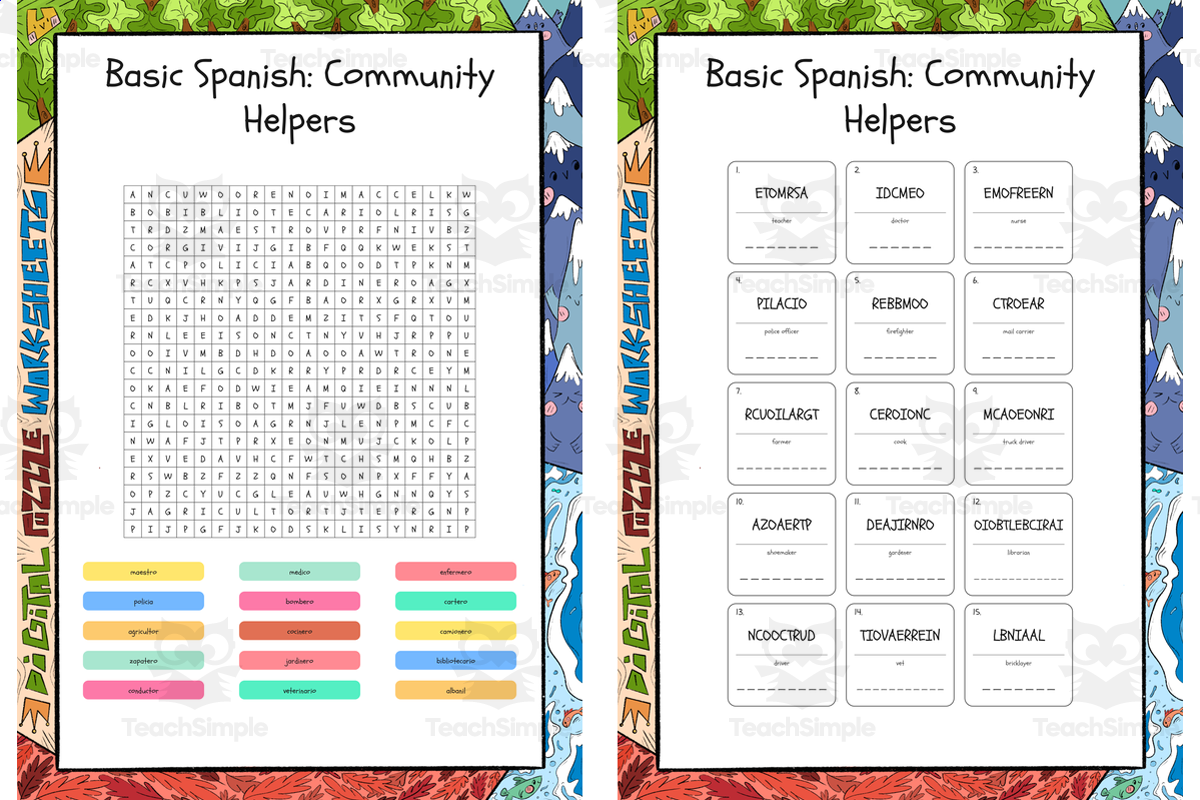 An educational teaching resource from Lapiiin Art Activities entitled Basic Spanish Community Helpers word search, scramble and crossword pu downloadable at Teach Simple.
