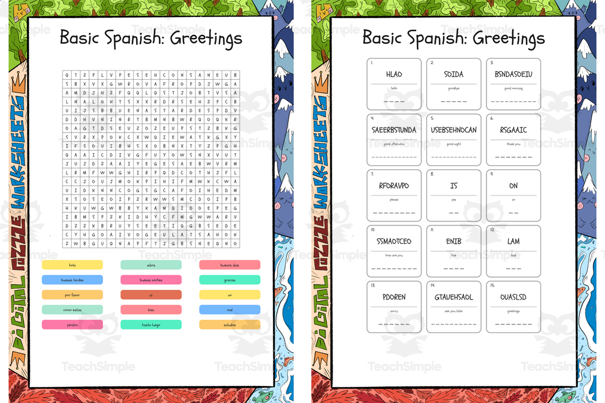 An educational teaching resource from Lapiiin Art Activities entitled Basic Spanish Greetings word search, scramble and crossword puzzle downloadable at Teach Simple.