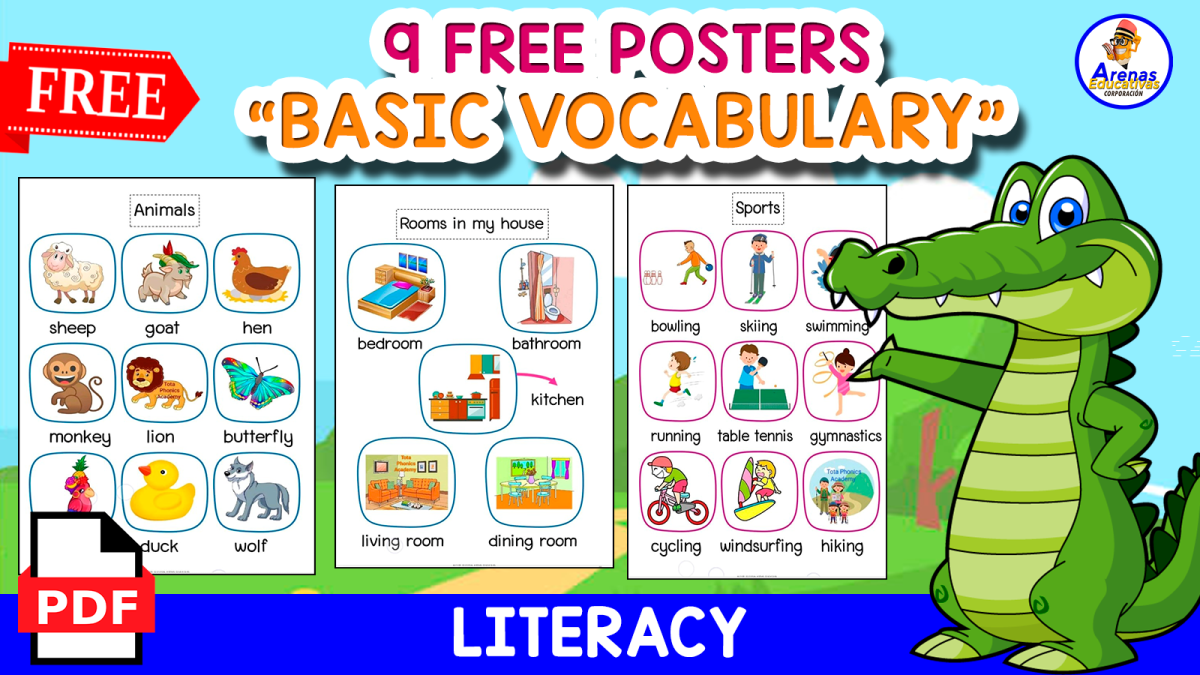 An educational teaching resource from EDITORIAL LAURA EDUCA entitled BASIC VOCABULARY POSTERS | 9 FREE POSTERS downloadable at Teach Simple.