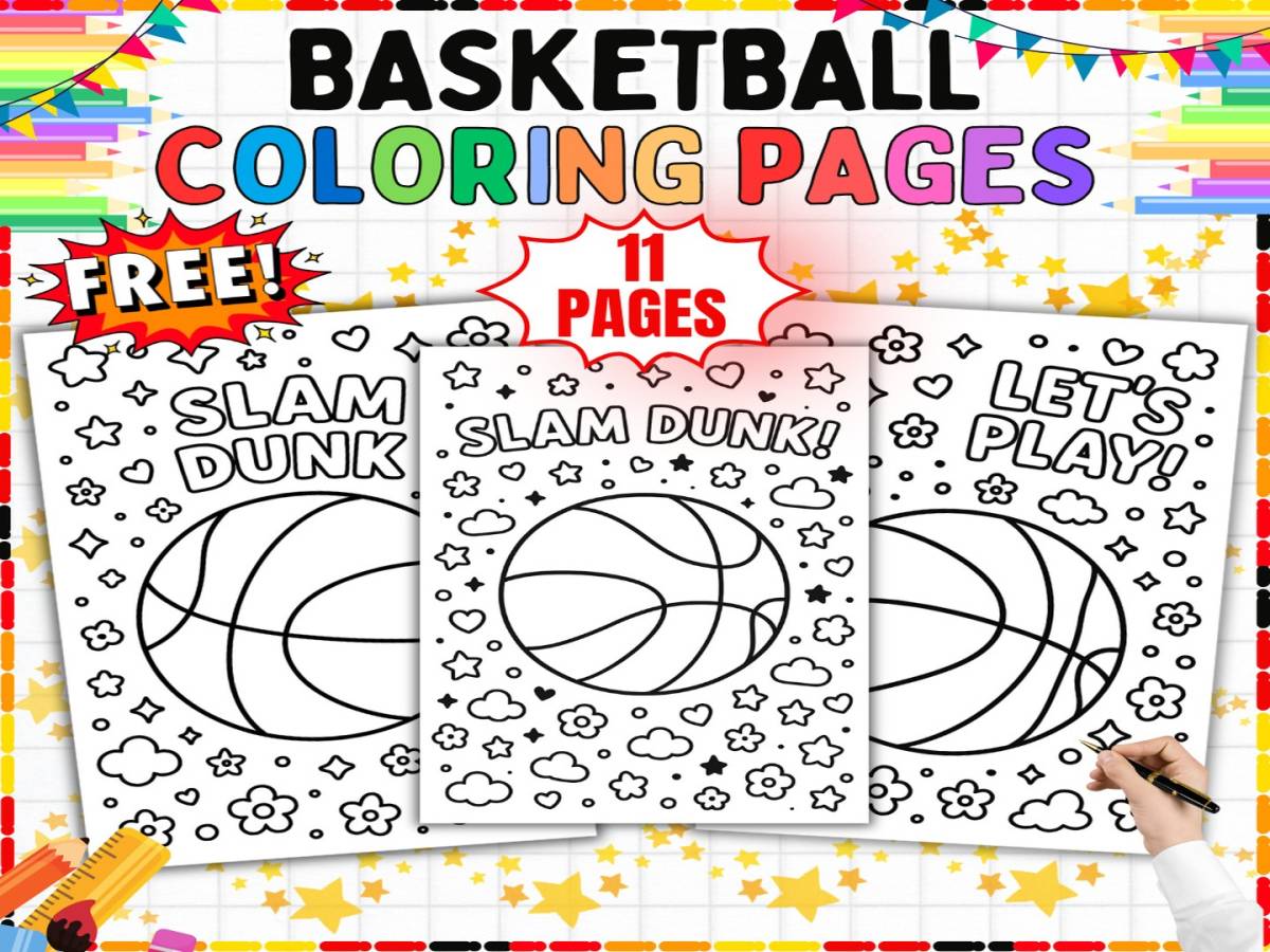 An educational teaching resource from from Tetcher to you entitled Basketball Coloring Pages - 11 Printable Coloring Sheets for Kids K-5 downloadable at Teach Simple.