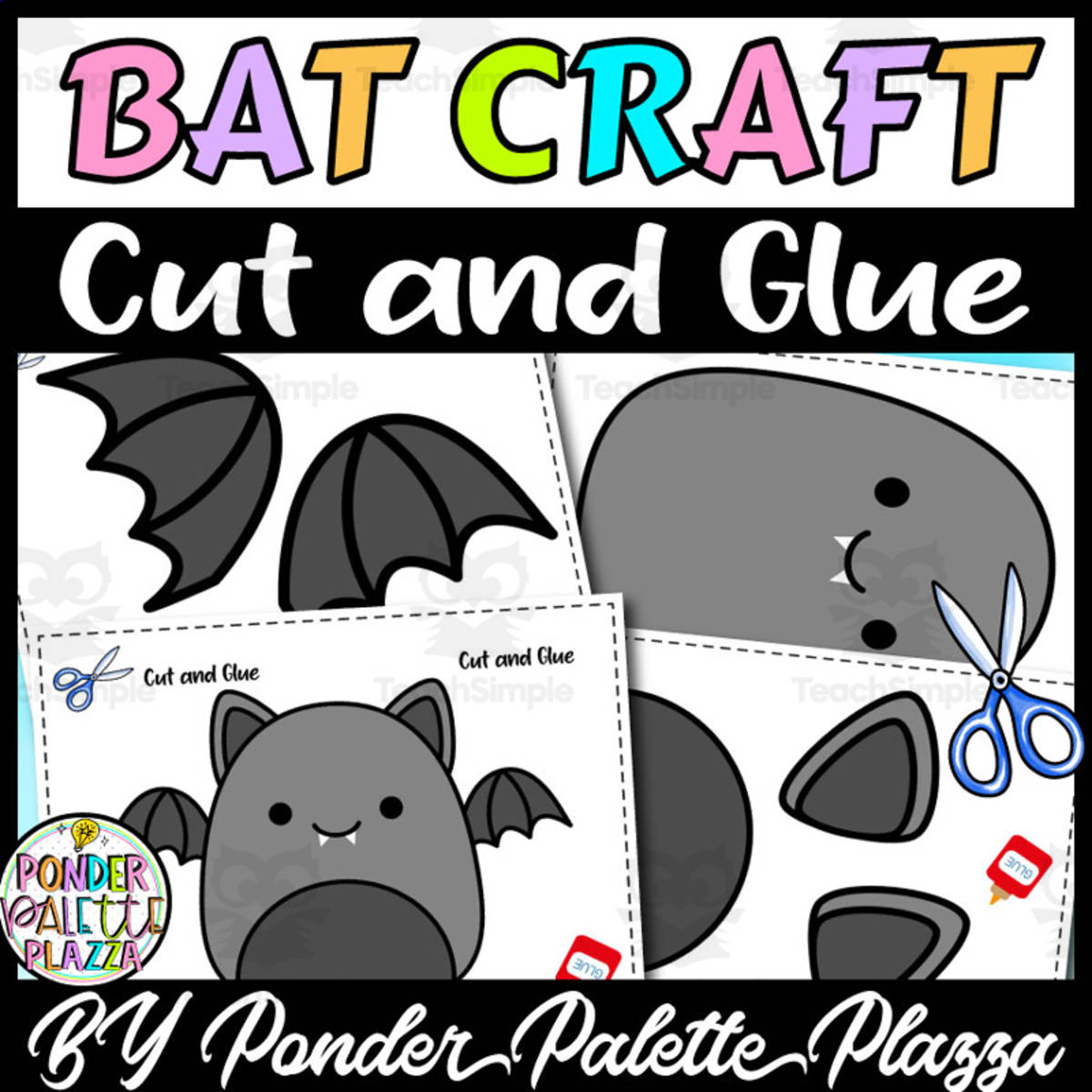 An educational teaching resource from Ponder Palette Plazza entitled Bat Craft - Cut and Glue Activity downloadable at Teach Simple.