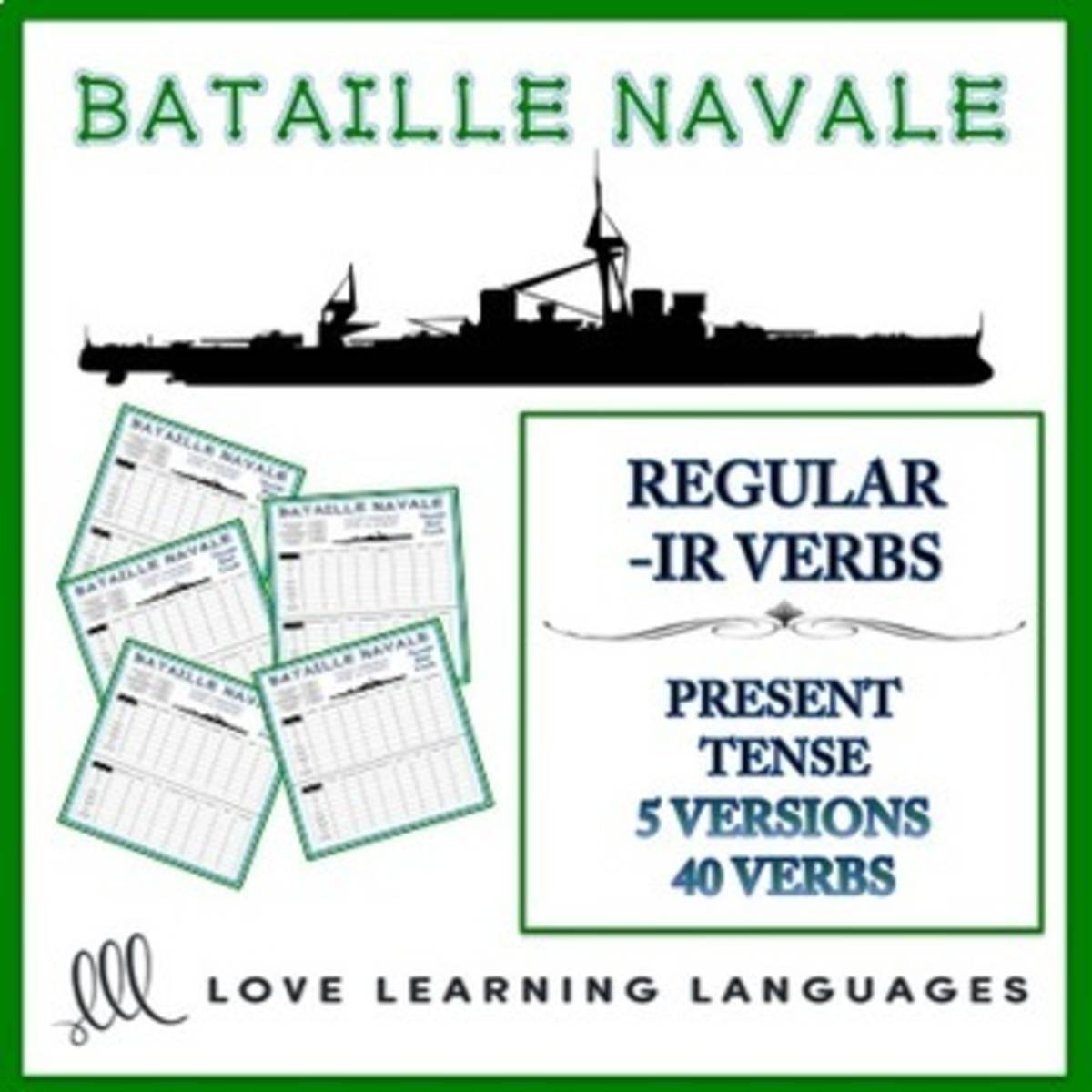 An educational teaching resource from Love Learning Languages entitled Bataille Navale - Regular French -IR Verbs downloadable at Teach Simple.