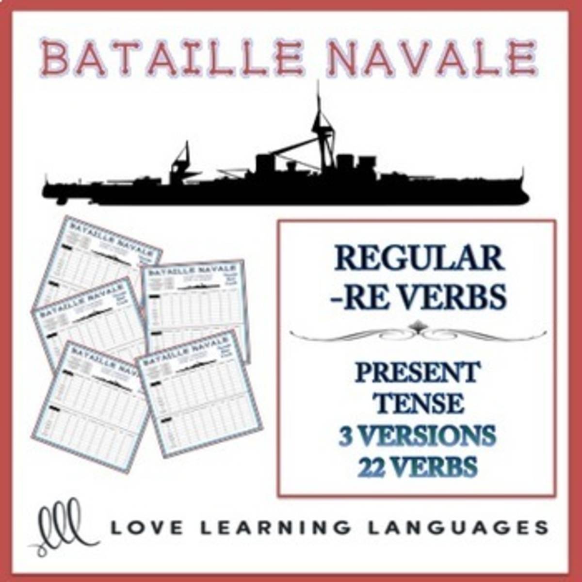 An educational teaching resource from Love Learning Languages entitled Bataille Navale - Regular French -RE Verbs + Verbs like PRENDRE downloadable at Teach Simple.