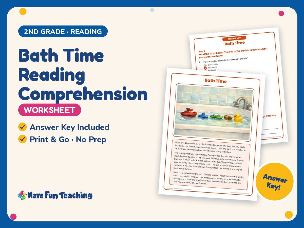 Bath Time Reading Comprehension Worksheet – 2nd Grade Practice preview