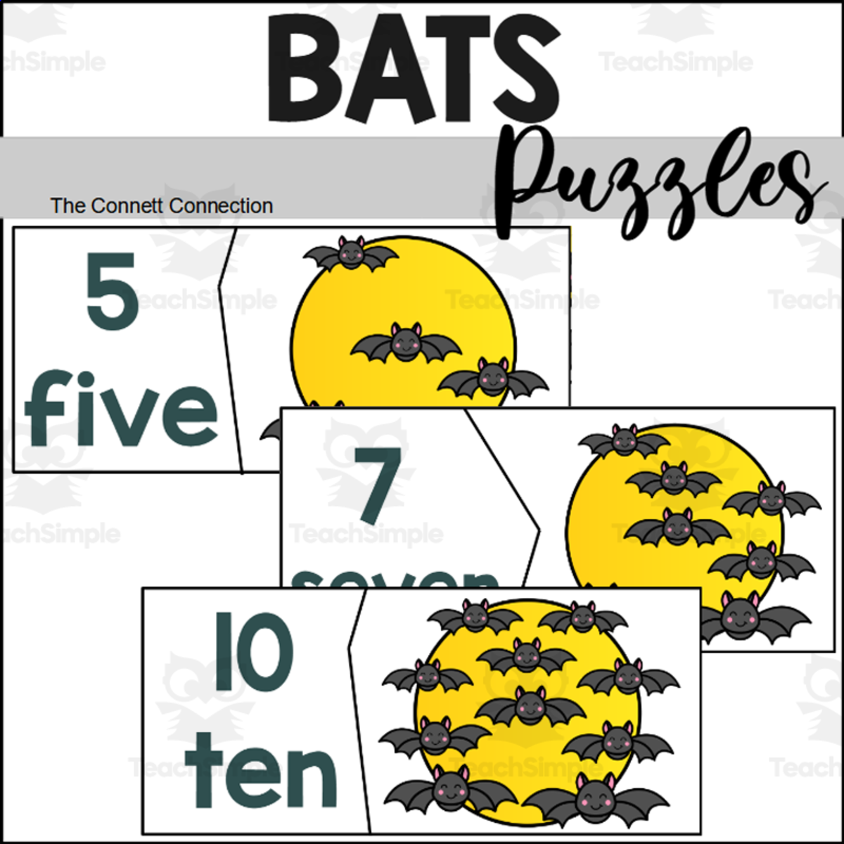 An educational teaching resource from The Connett Connection entitled Bats Counting to 10 Puzzles downloadable at Teach Simple.