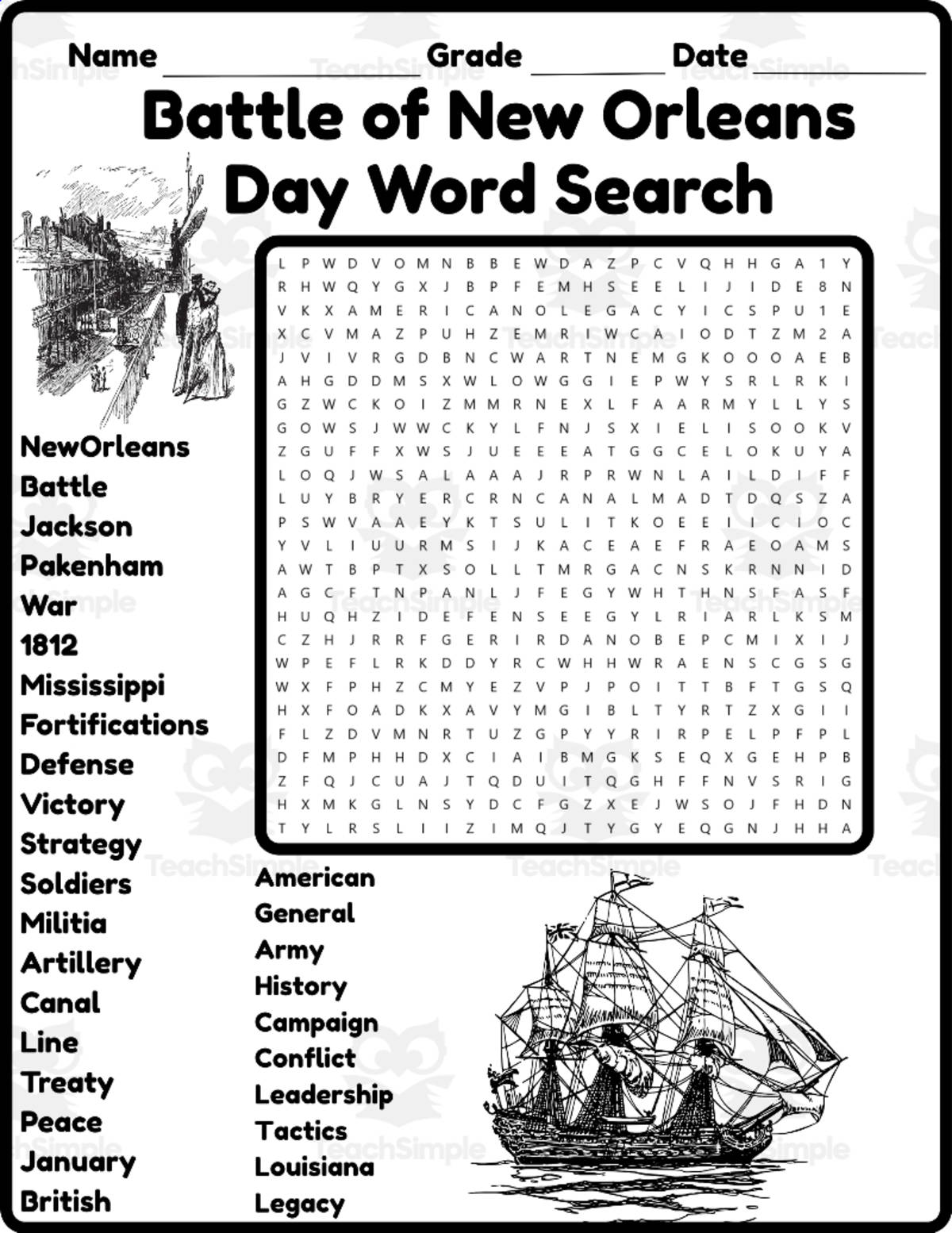 An educational teaching resource from space shope entitled Battle of New Orleans Day Word Search 2rd 3th 4th 5th Grade worksheet downloadable at Teach Simple.