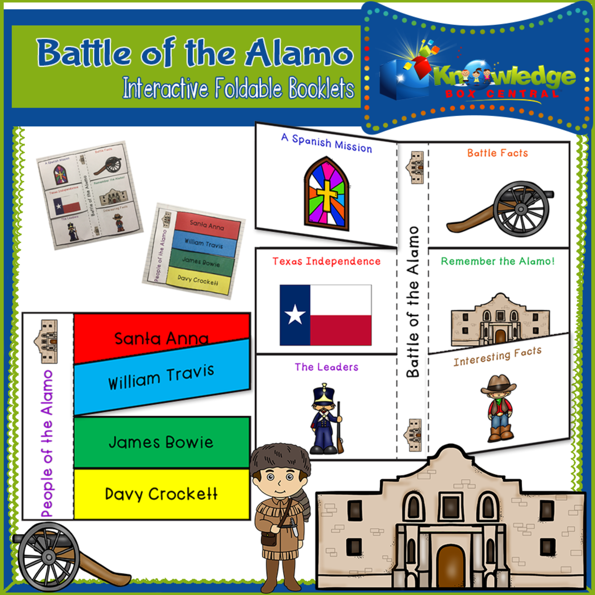 An educational teaching resource from Knowledge Box Central entitled Battle of the Alamo Interactive Foldable Booklets - EBOOK downloadable at Teach Simple.