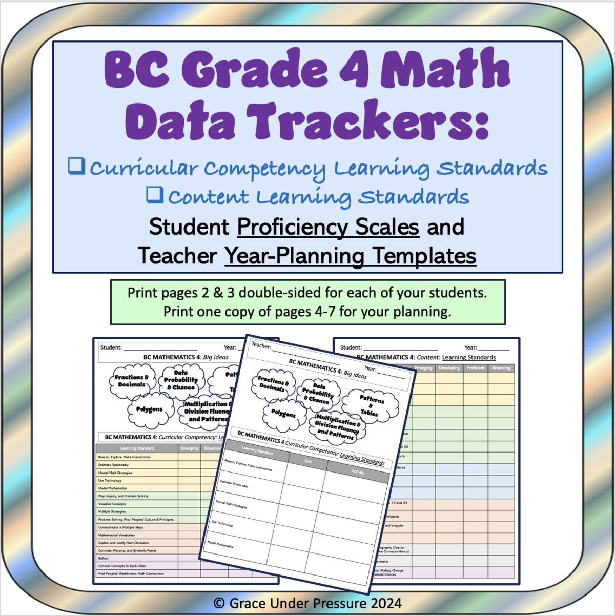 An educational teaching resource from Grace Under Pressure entitled BC Grade 4 Math: Teacher Planning and Student Assessment Data Tracking downloadable at Teach Simple.