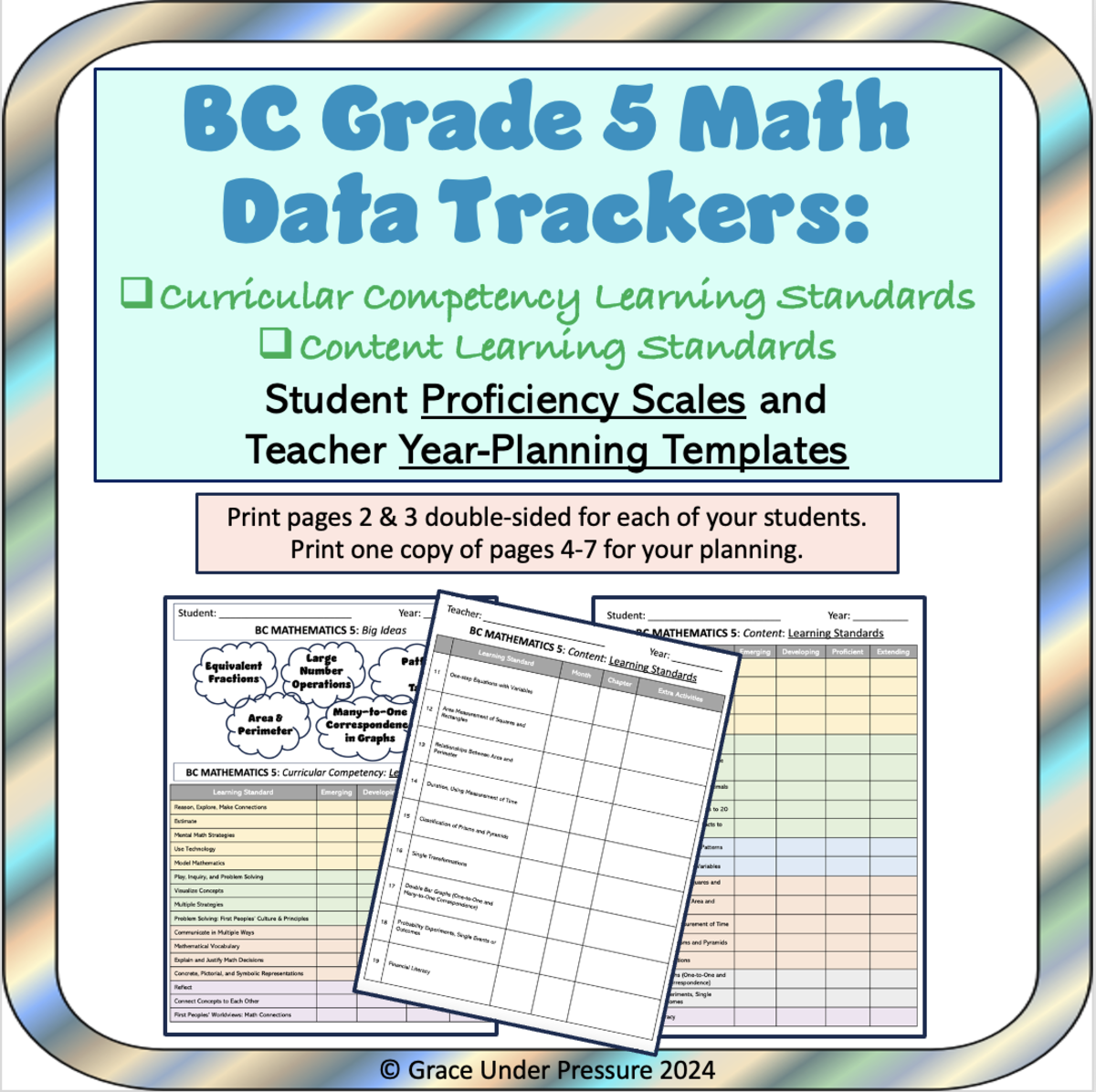 An educational teaching resource from Grace Under Pressure entitled BC Grade 5 Math: Teacher Planning and Student Assessment Data Tracking downloadable at Teach Simple.