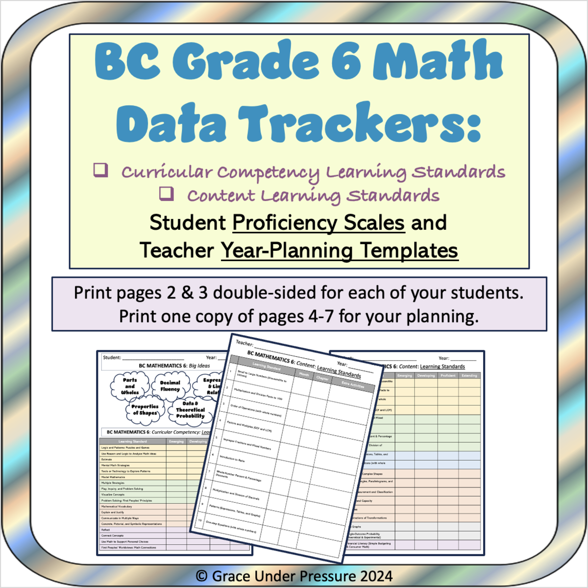 An educational teaching resource from Grace Under Pressure entitled BC Grade 6 Math: Teacher Planning and Student Assessment Data Tracking downloadable at Teach Simple.