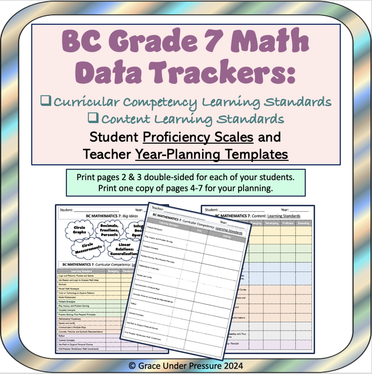 An educational teaching resource from Grace Under Pressure entitled BC Grade 7 Math: Teacher Planning and Student Assessment Data Tracking downloadable at Teach Simple.