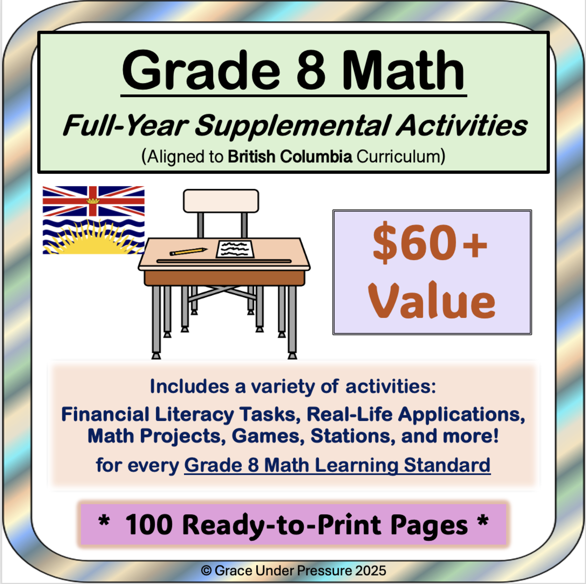 An educational teaching resource from Grace Under Pressure entitled BC Grade 8 Math: Full-Year 8th Grade Real World Math Worksheets downloadable at Teach Simple.