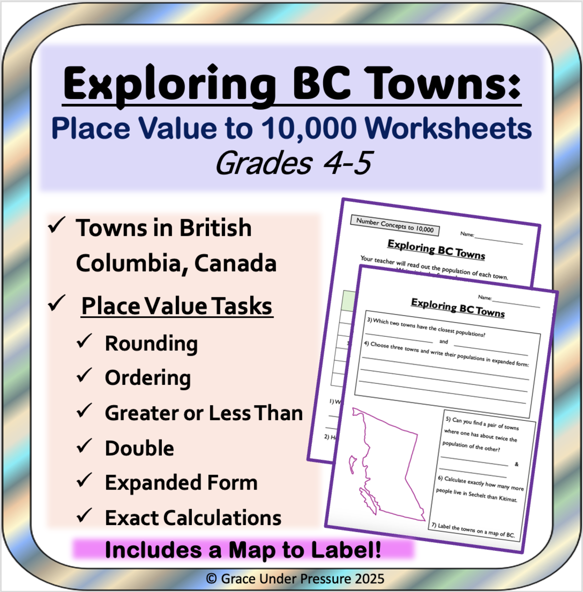 An educational teaching resource from Grace Under Pressure entitled BC Towns' Populations: Place Value Worksheets Applied Math downloadable at Teach Simple.
