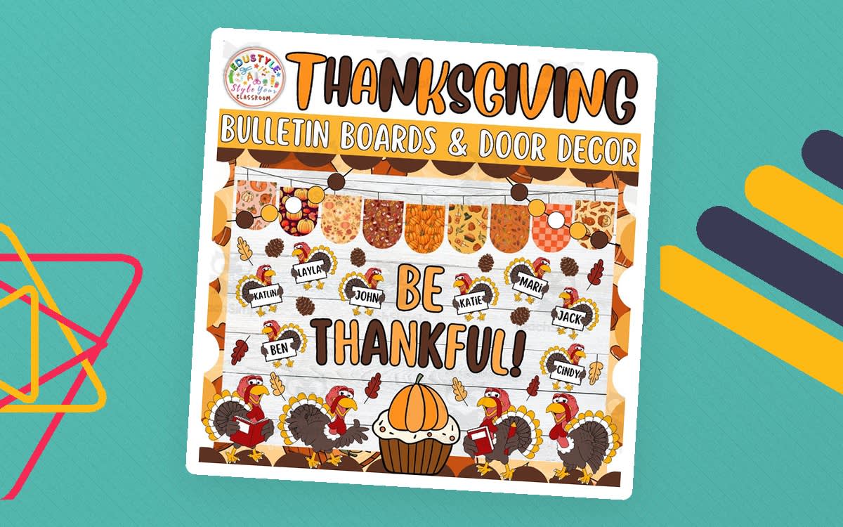 An educational teaching resource from Style Your Classroom entitled Be Thankful!: Thanksgiving & Fall Bulletin Board or Door Decor Kit downloadable at Teach Simple.