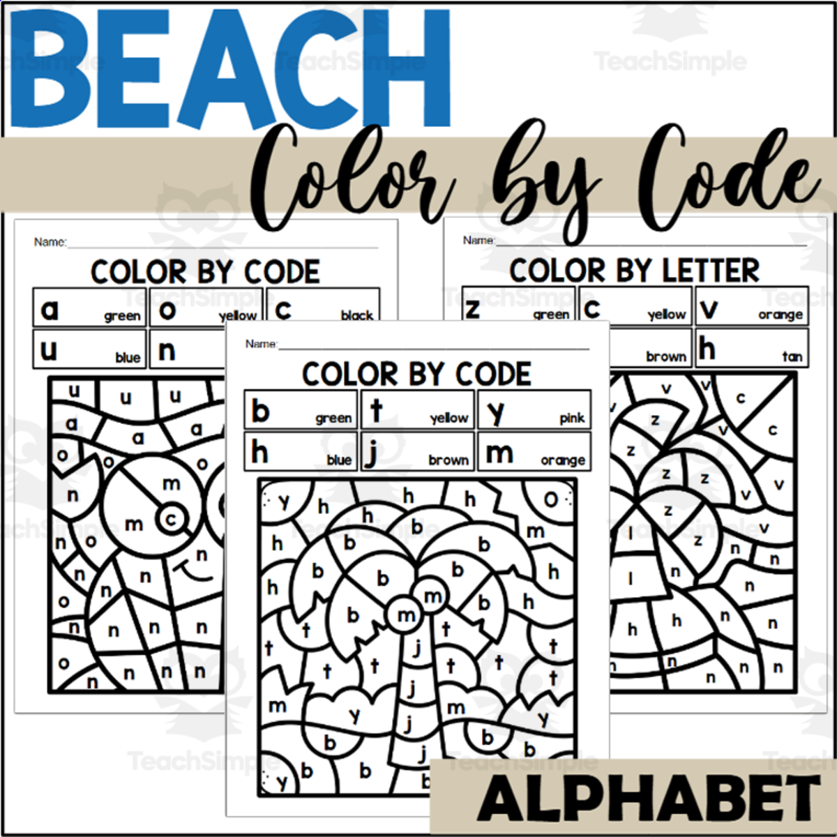 An educational teaching resource from The Connett Connection entitled Beach Alphabet Color by Code for Lowercase Letters downloadable at Teach Simple.