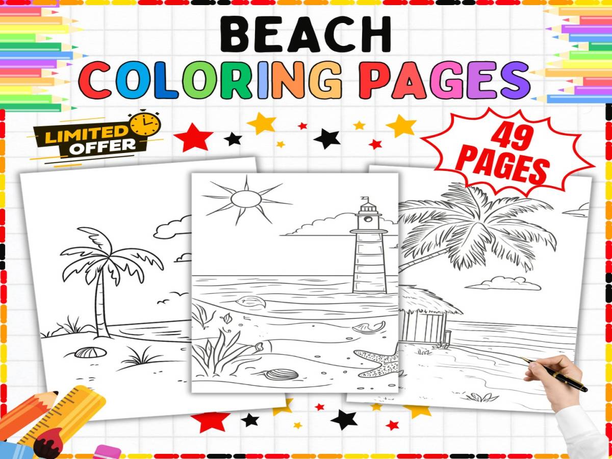 An educational teaching resource from from Tetcher to you entitled Beach Coloring Pages - 49 Summer Themed Art Sheets for Kids K-5 downloadable at Teach Simple.