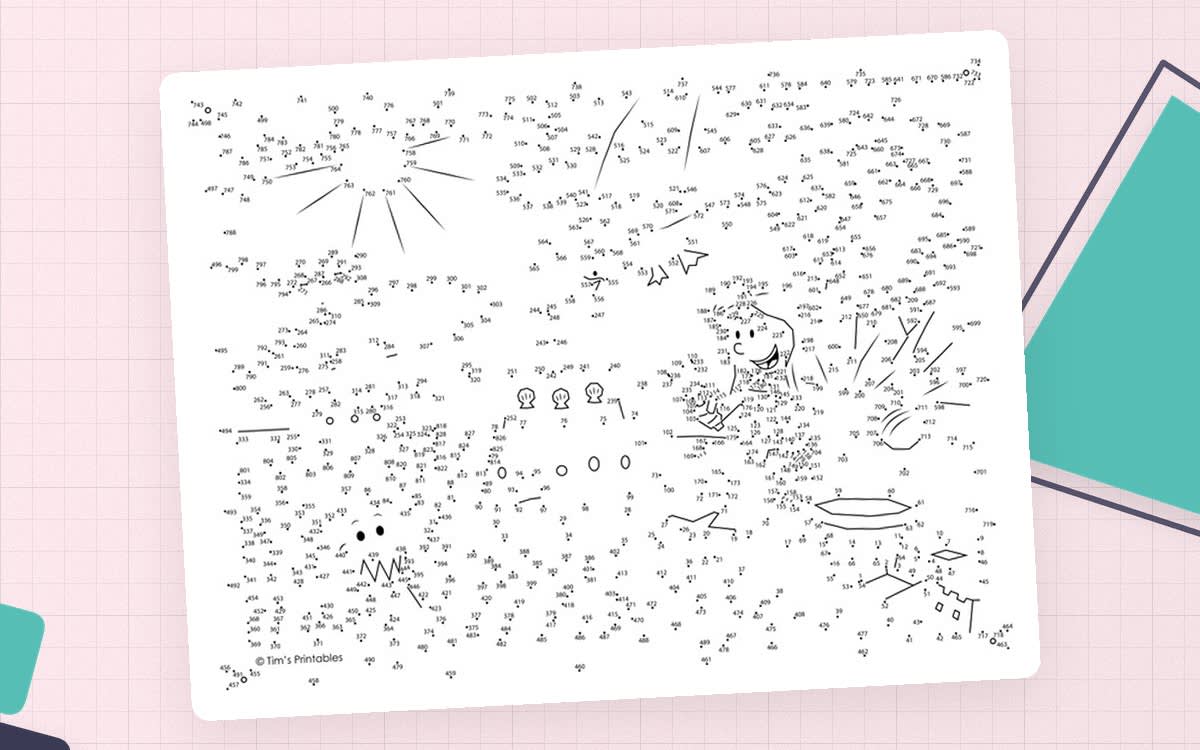 An educational teaching resource from Tim's Printables entitled Beach Connect the Dots – 828-Dot Extreme Puzzle downloadable at Teach Simple.